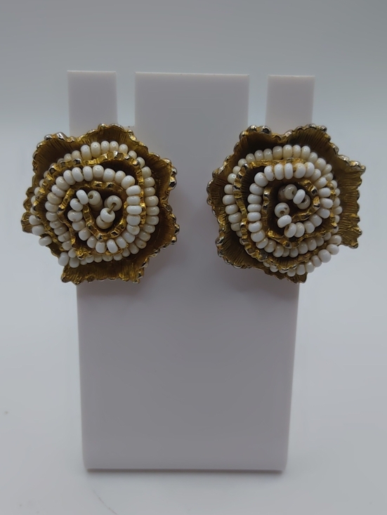 Hobe Jewelry - Hobé Antique Gold Tone and White Bead Accent Clip On Earrings